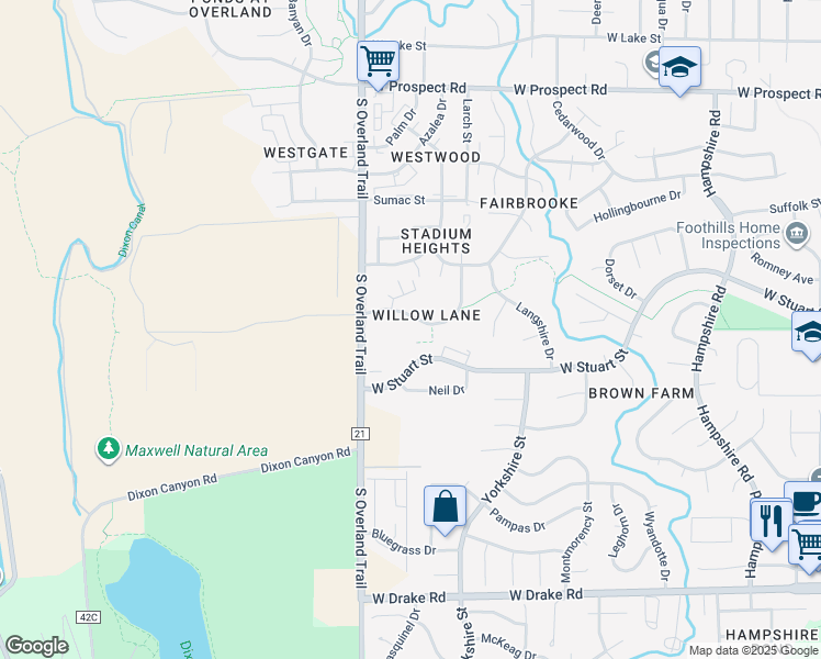 map of restaurants, bars, coffee shops, grocery stores, and more near 3005 Ross Drive in Fort Collins