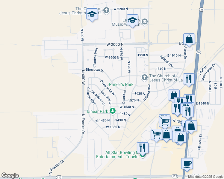 map of restaurants, bars, coffee shops, grocery stores, and more near 1648 Dawson Lane in Tooele