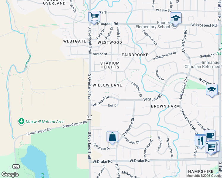 map of restaurants, bars, coffee shops, grocery stores, and more near West Stuart Street in Fort Collins