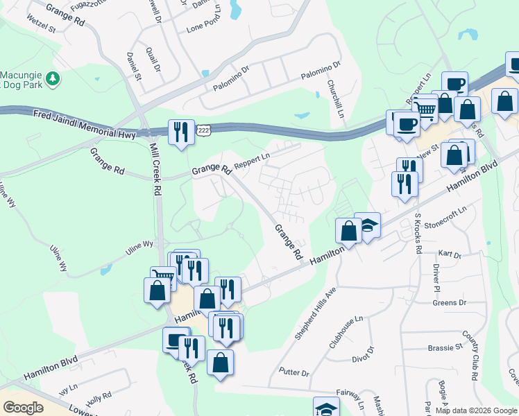 map of restaurants, bars, coffee shops, grocery stores, and more near 1259 Grange Road in Allentown