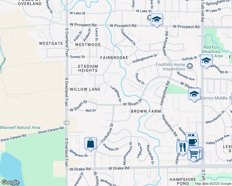 map of restaurants, bars, coffee shops, grocery stores, and more near 2713 Lamona Court in Fort Collins