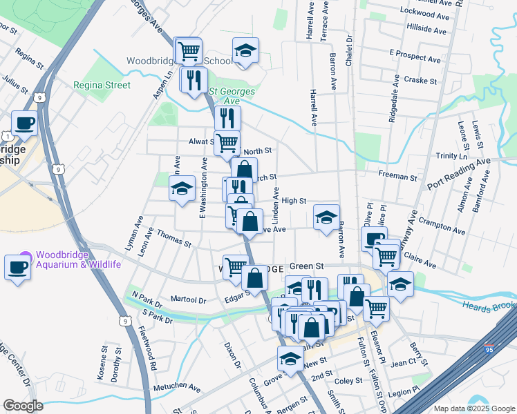 map of restaurants, bars, coffee shops, grocery stores, and more near 161 Dunham Place in Woodbridge Township