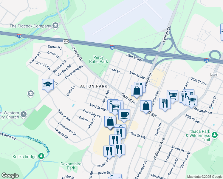 map of restaurants, bars, coffee shops, grocery stores, and more near 1831 31st Street Southwest in Allentown