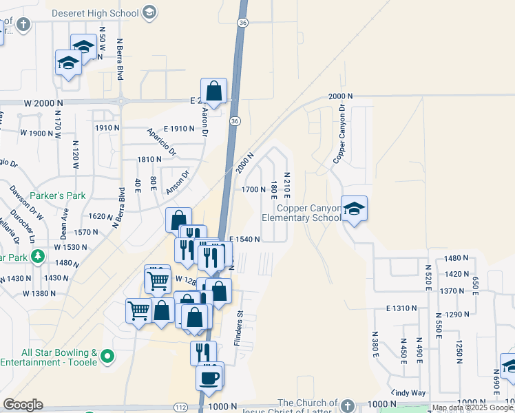 map of restaurants, bars, coffee shops, grocery stores, and more near 1645 North 150 East in Tooele