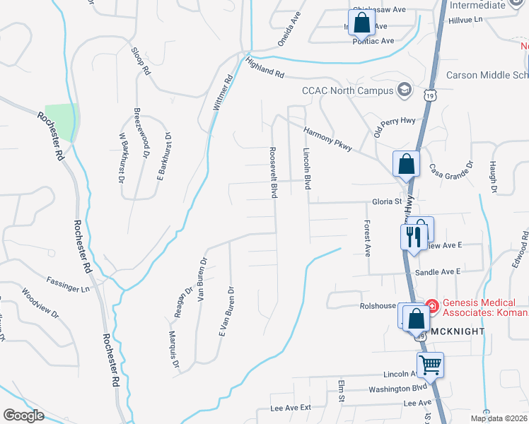 map of restaurants, bars, coffee shops, grocery stores, and more near 8536 Roosevelt Boulevard in Pittsburgh
