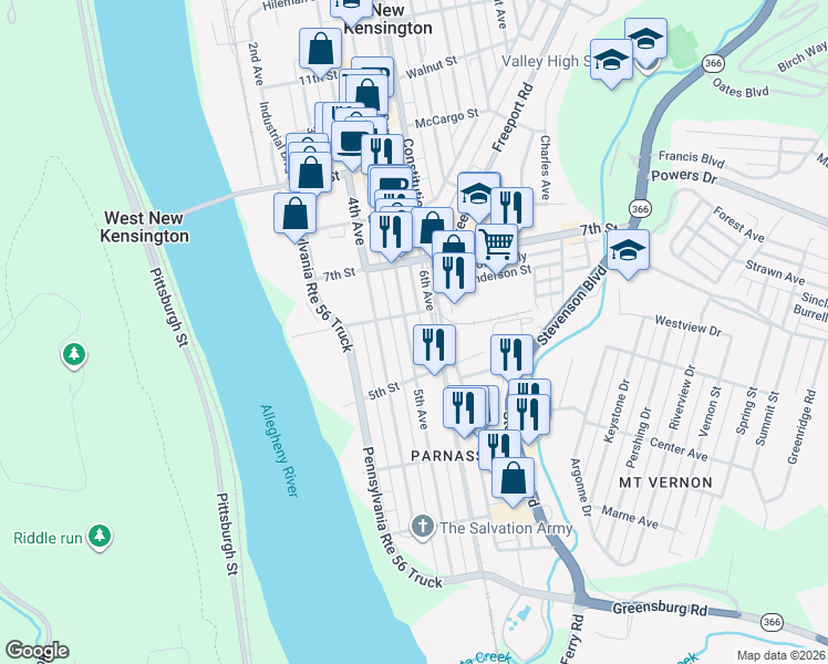 map of restaurants, bars, coffee shops, grocery stores, and more near 544 5th Avenue in New Kensington