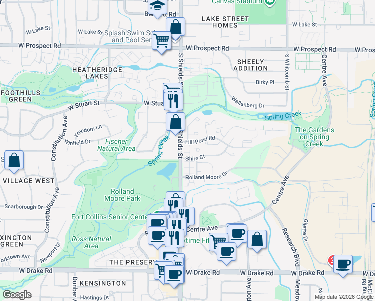 map of restaurants, bars, coffee shops, grocery stores, and more near 1091 Sundering Drive in Fort Collins