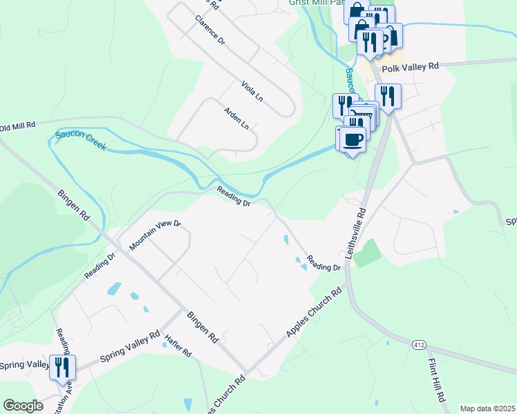 map of restaurants, bars, coffee shops, grocery stores, and more near 1884 Reading Drive in Bethlehem