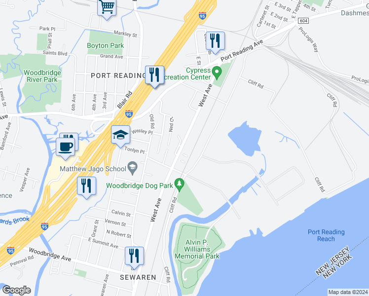 map of restaurants, bars, coffee shops, grocery stores, and more near 31 Marina View Way in Woodbridge Township