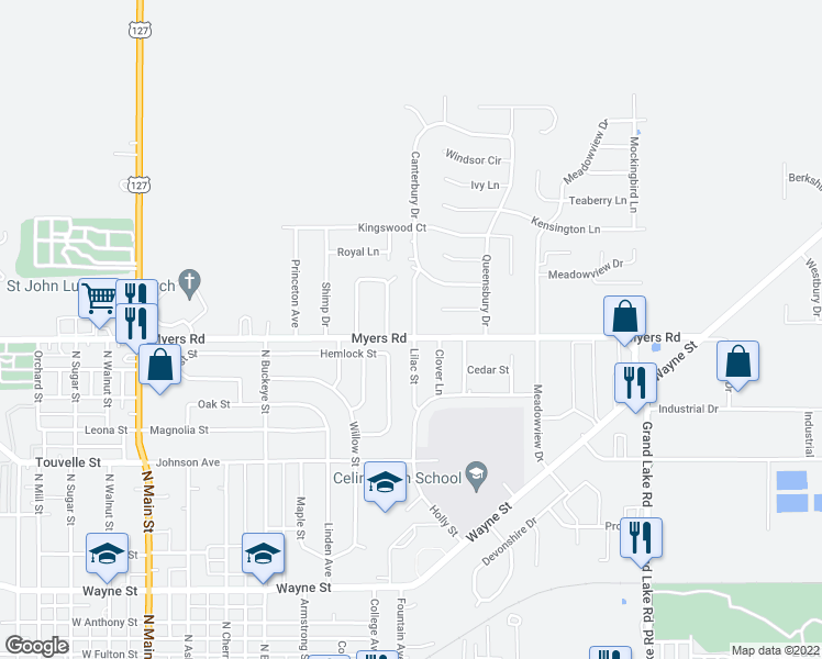 map of restaurants, bars, coffee shops, grocery stores, and more near 844 Hemlock Street in Celina