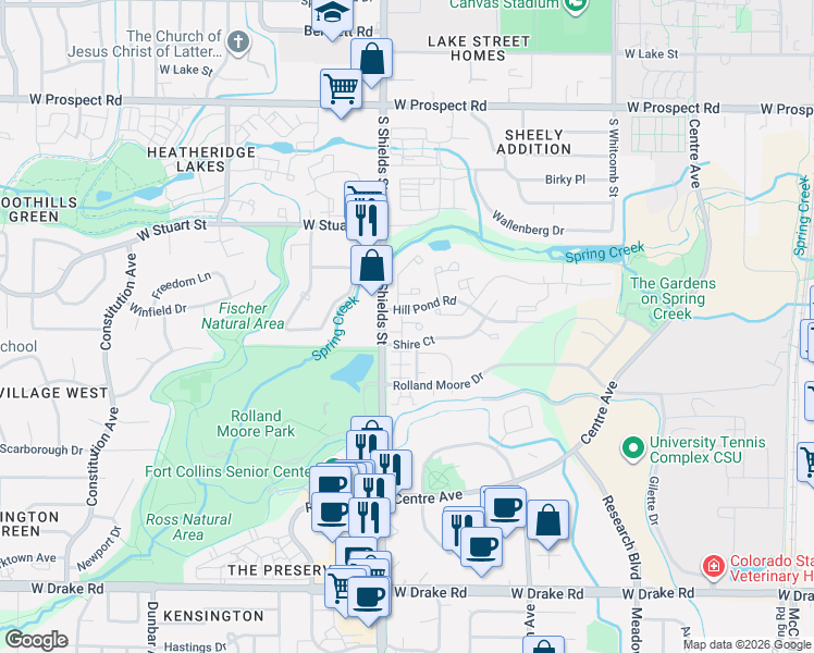 map of restaurants, bars, coffee shops, grocery stores, and more near 974 Shire Court in Fort Collins