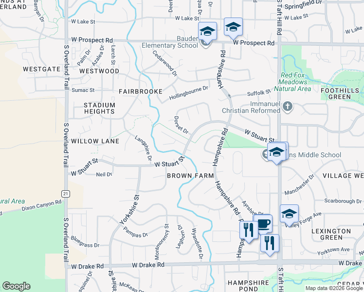 map of restaurants, bars, coffee shops, grocery stores, and more near 2407 Zenith Court in Fort Collins