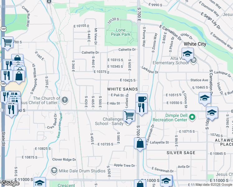map of restaurants, bars, coffee shops, grocery stores, and more near 621 East Hilo Street in Sandy
