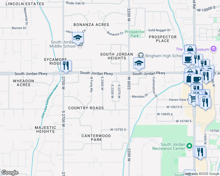 map of restaurants, bars, coffee shops, grocery stores, and more near 10532 South 2330 West in South Jordan