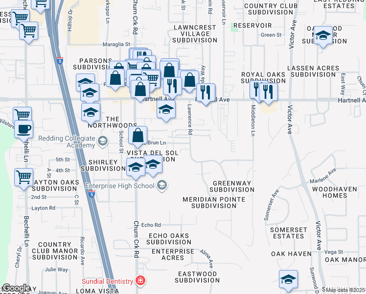 map of restaurants, bars, coffee shops, grocery stores, and more near 3236 Lawrence Road in Redding