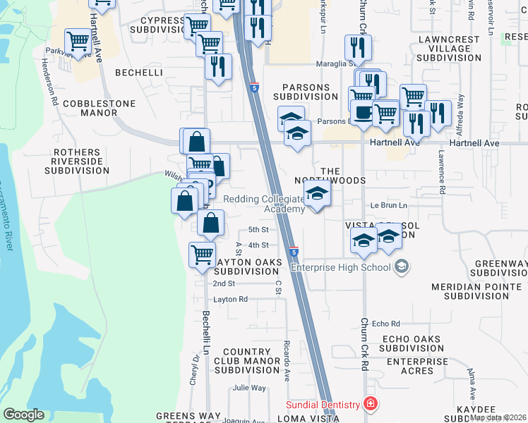 map of restaurants, bars, coffee shops, grocery stores, and more near 1113 5th Street in Redding