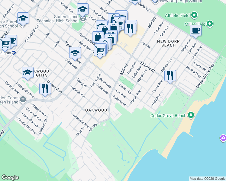 map of restaurants, bars, coffee shops, grocery stores, and more near 373 Mill Road in Staten Island
