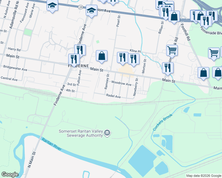 map of restaurants, bars, coffee shops, grocery stores, and more near 32 Riha Street in Bridgewater