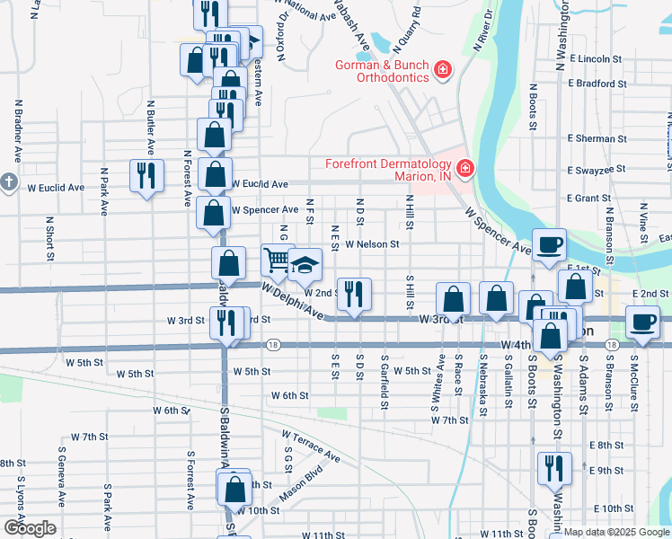 map of restaurants, bars, coffee shops, grocery stores, and more near 1014 West 2nd Street in Marion