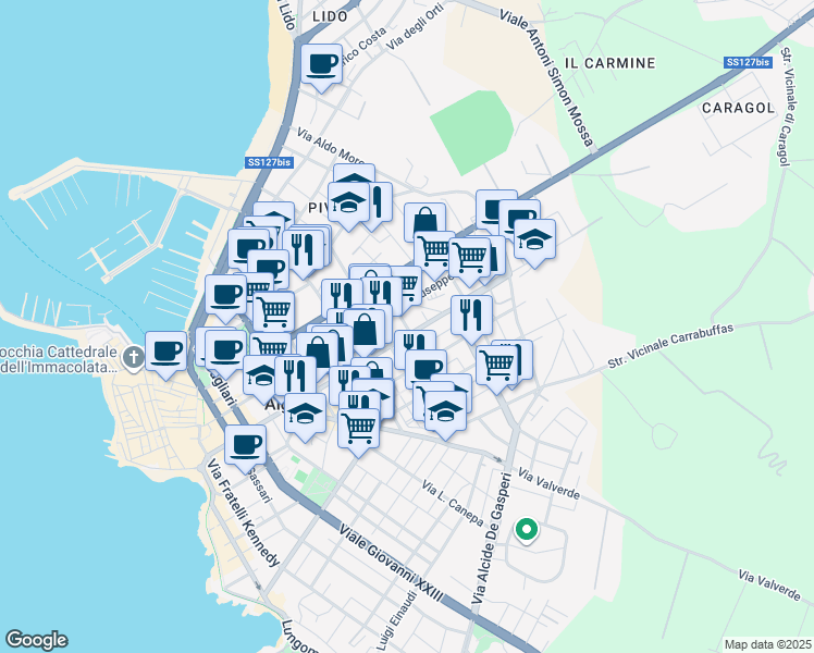 map of restaurants, bars, coffee shops, grocery stores, and more near 153 Via XX Settembre in Alghero