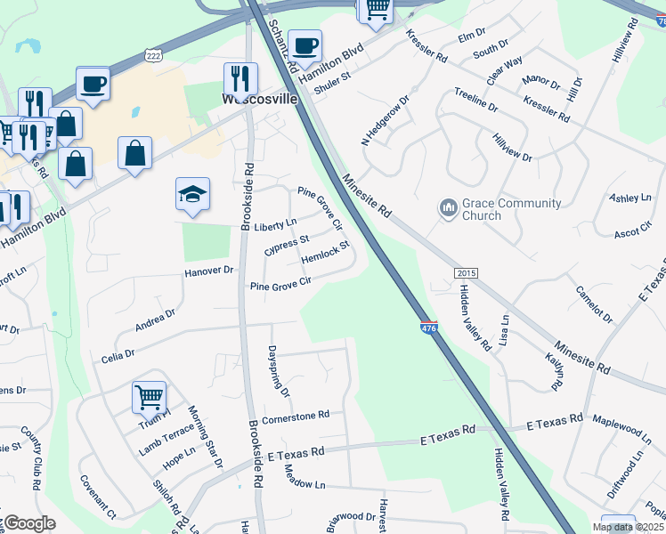 map of restaurants, bars, coffee shops, grocery stores, and more near 4858 Pine Grove Circle in Allentown