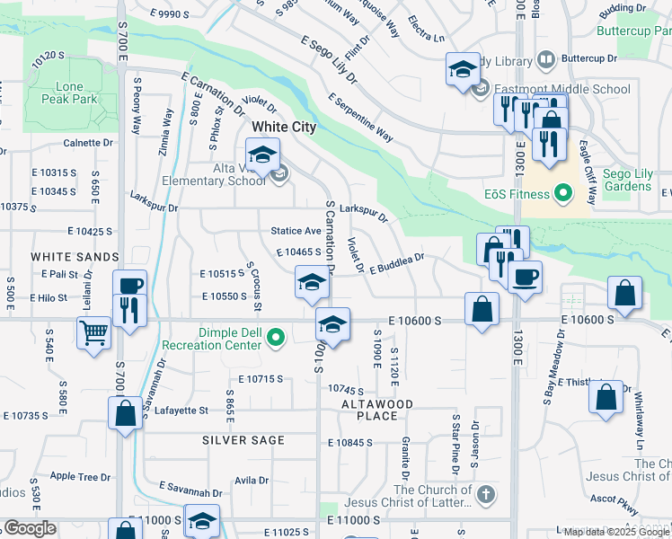 map of restaurants, bars, coffee shops, grocery stores, and more near 10499 South Carnation Drive in Sandy