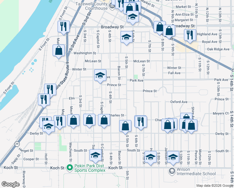 map of restaurants, bars, coffee shops, grocery stores, and more near 406 Walnut St in Pekin