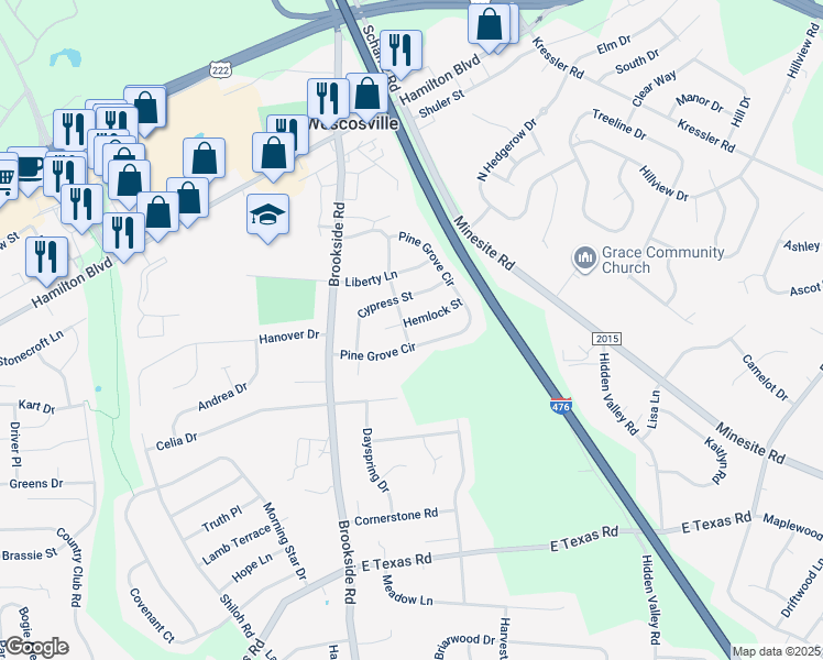 map of restaurants, bars, coffee shops, grocery stores, and more near 4881 Spruce Road in Wescosville