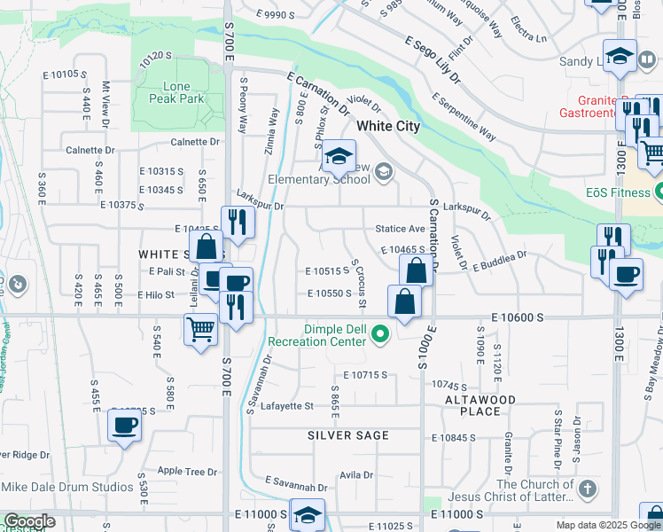 map of restaurants, bars, coffee shops, grocery stores, and more near 861 East 10515 South in Sandy