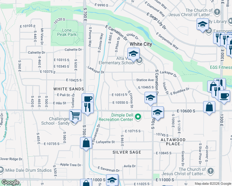 map of restaurants, bars, coffee shops, grocery stores, and more near 837 East 10515 South in Sandy