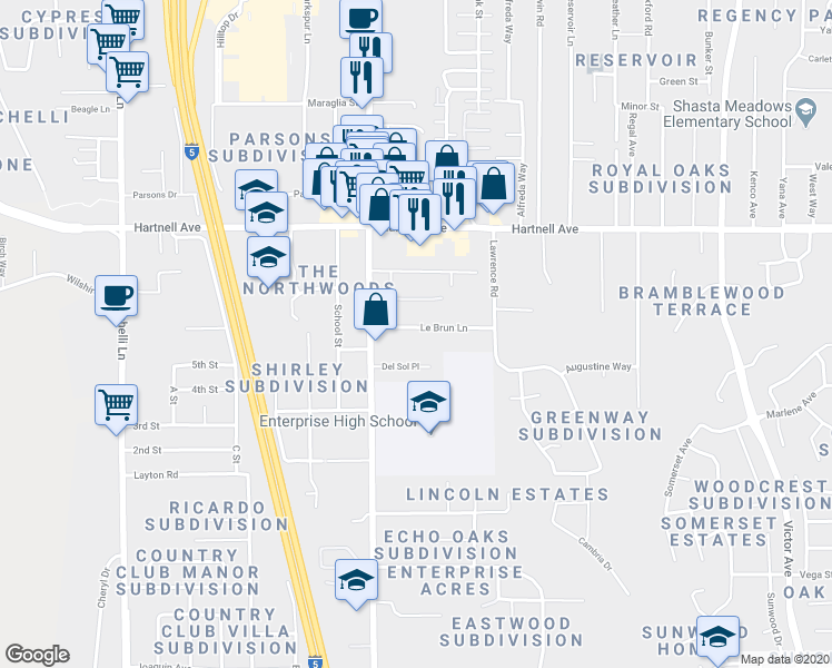 map of restaurants, bars, coffee shops, grocery stores, and more near 1085 Le Brun Lane in Redding