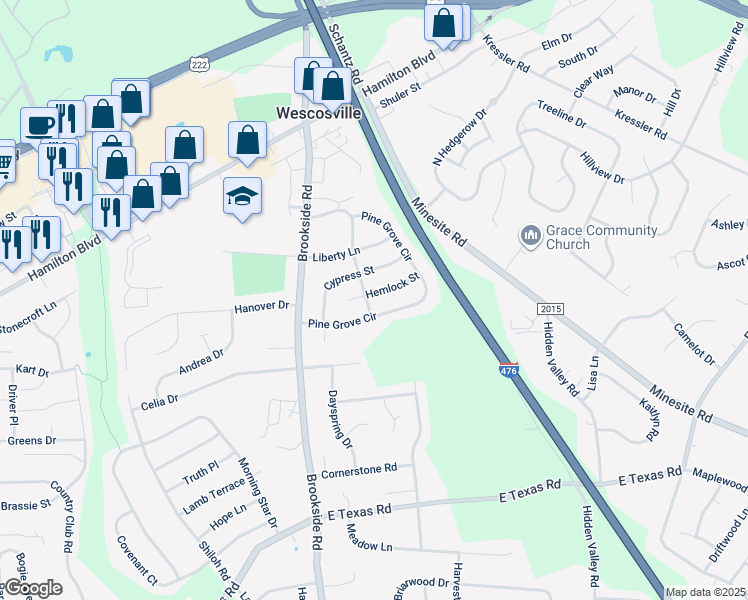 map of restaurants, bars, coffee shops, grocery stores, and more near 4881 Spruce Road in Wescosville
