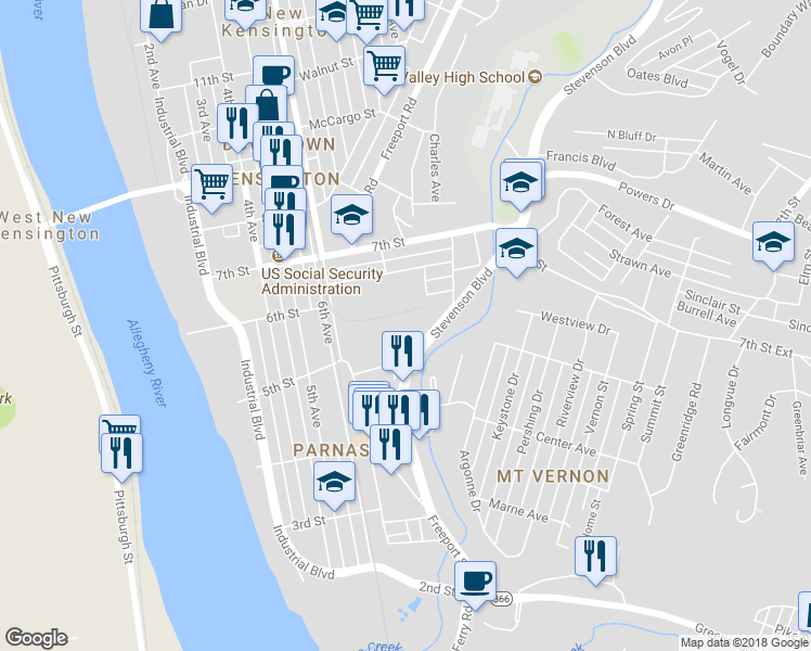 map of restaurants, bars, coffee shops, grocery stores, and more near 843 Maple Avenue in New Kensington