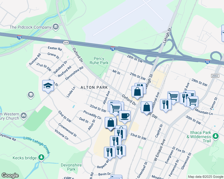 map of restaurants, bars, coffee shops, grocery stores, and more near 3022-3024 Alton Avenue in Allentown