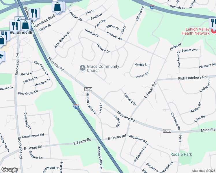 map of restaurants, bars, coffee shops, grocery stores, and more near 1376 Highland Court in Allentown