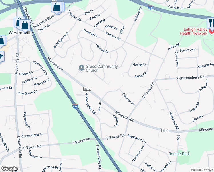 map of restaurants, bars, coffee shops, grocery stores, and more near 1376 Highland Court in Allentown