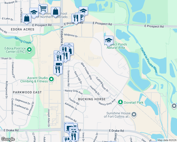 map of restaurants, bars, coffee shops, grocery stores, and more near 2008 Cocklebur Lane in Fort Collins