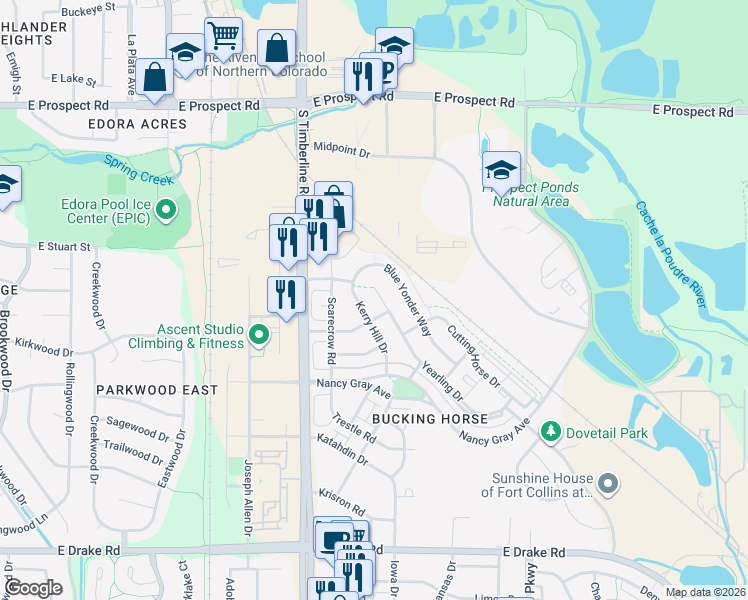 map of restaurants, bars, coffee shops, grocery stores, and more near 2102 Kerry Hill Drive in Fort Collins