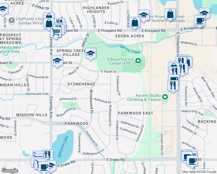map of restaurants, bars, coffee shops, grocery stores, and more near 1531 Rolf Court in Fort Collins