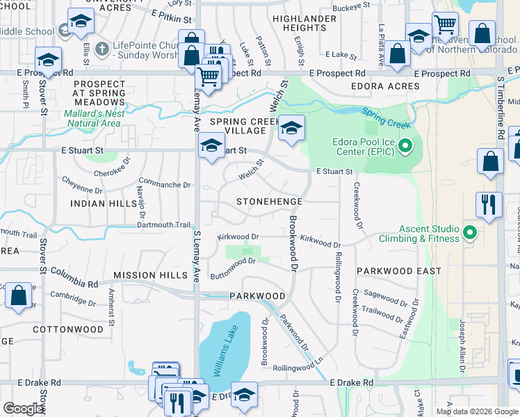 map of restaurants, bars, coffee shops, grocery stores, and more near 1274 Stoney Hill Drive in Fort Collins