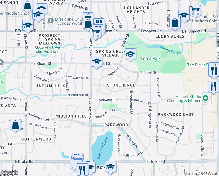 map of restaurants, bars, coffee shops, grocery stores, and more near 1214 Niagara Drive in Fort Collins
