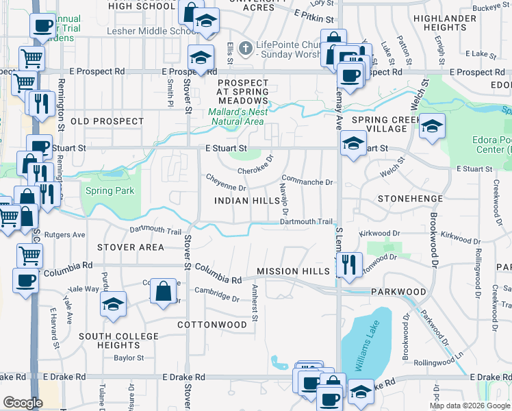 map of restaurants, bars, coffee shops, grocery stores, and more near 1920 Mohawk Street in Fort Collins