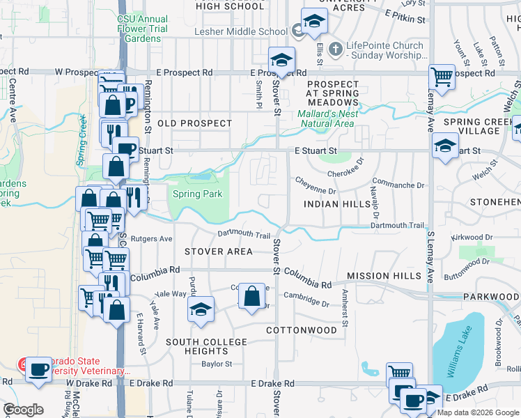 map of restaurants, bars, coffee shops, grocery stores, and more near 524 Villanova Court in Fort Collins