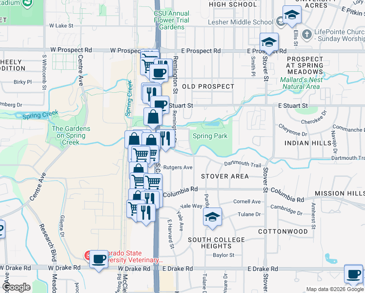 map of restaurants, bars, coffee shops, grocery stores, and more near 125 Dartmouth Trail in Fort Collins
