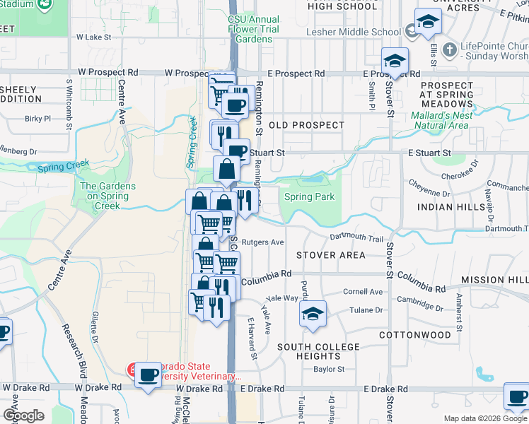 map of restaurants, bars, coffee shops, grocery stores, and more near 125 Dartmouth Trail in Fort Collins