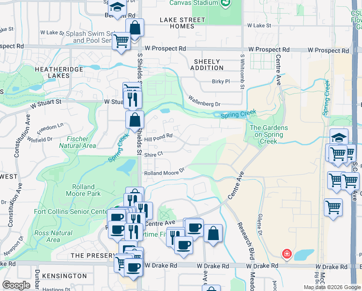 map of restaurants, bars, coffee shops, grocery stores, and more near 937 Shire Court in Fort Collins