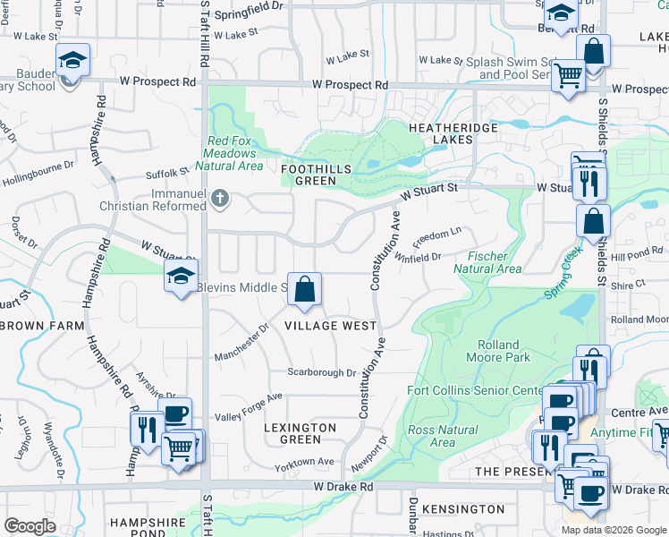 map of restaurants, bars, coffee shops, grocery stores, and more near 1818 Manchester Drive in Fort Collins
