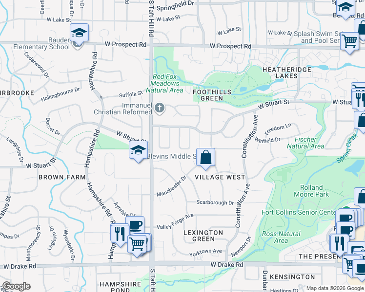 map of restaurants, bars, coffee shops, grocery stores, and more near 2100 Dover Drive in Fort Collins