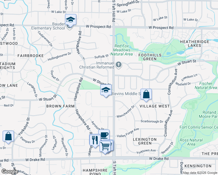 map of restaurants, bars, coffee shops, grocery stores, and more near in Fort Collins