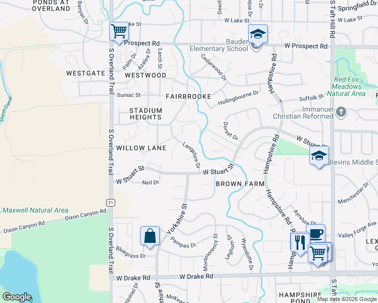 map of restaurants, bars, coffee shops, grocery stores, and more near 2713 Lamona Court in Fort Collins